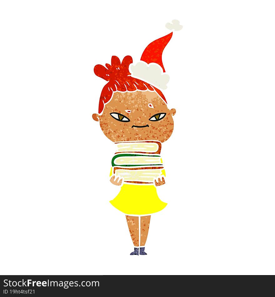 hand drawn retro cartoon of a woman wearing santa hat