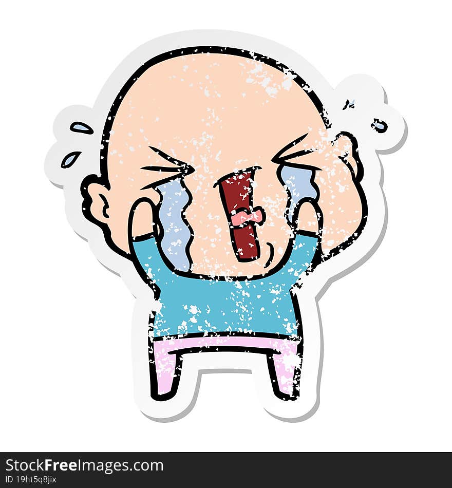 Distressed Sticker Of A Cartoon Crying Bald Man