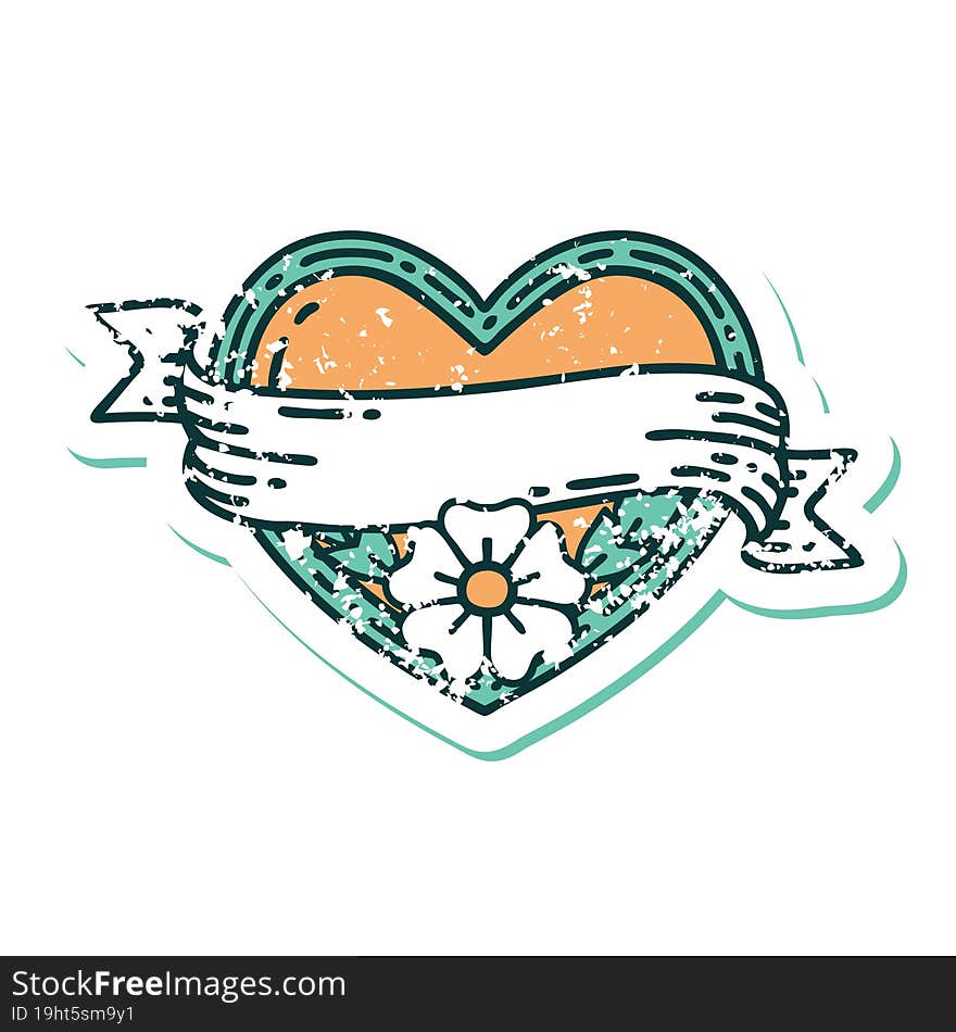 distressed sticker tattoo style icon of a heart and banner with flowers