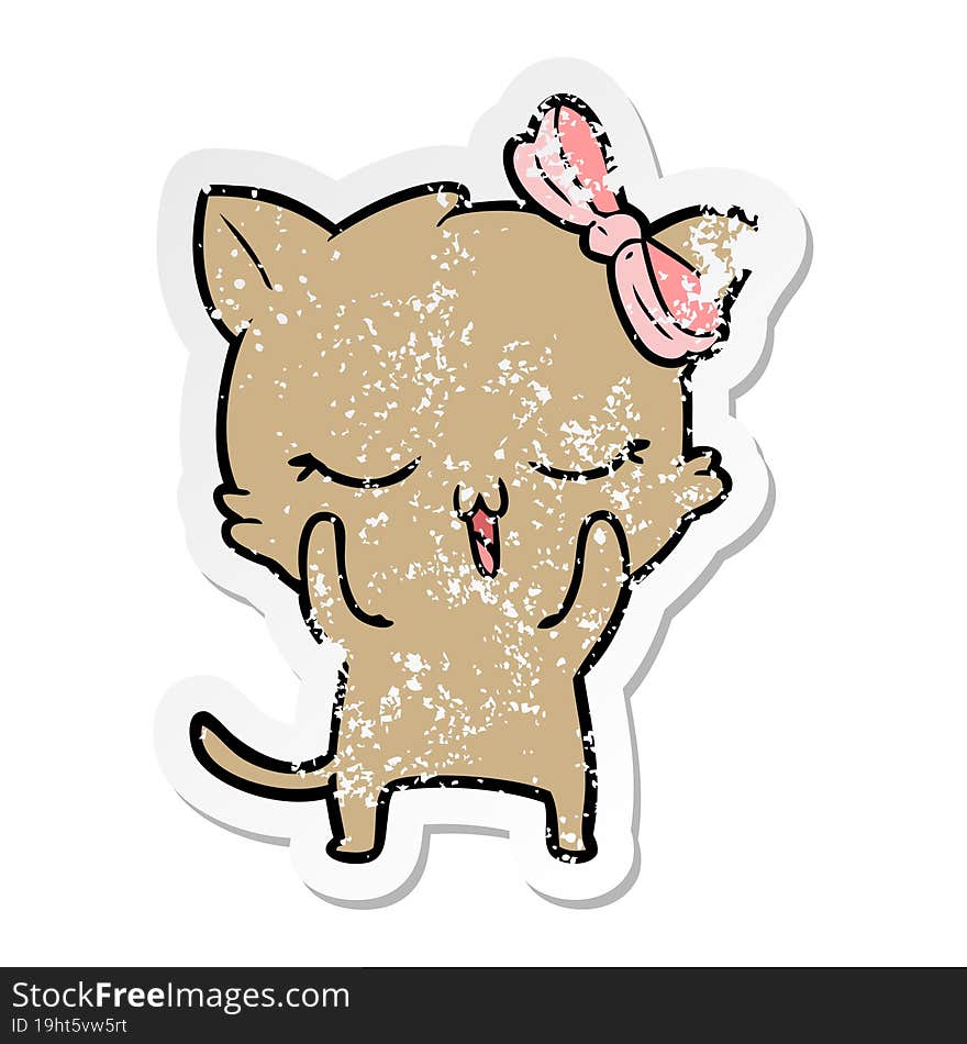 distressed sticker of a cartoon cat with bow on head