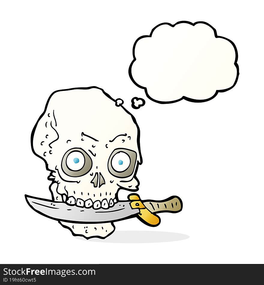 cartoon pirate skull with knife in teeth with thought bubble