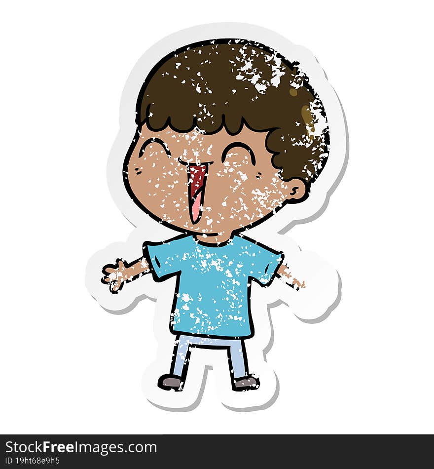 distressed sticker of a cartoon happy man