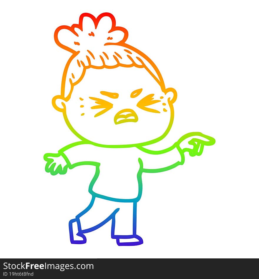 rainbow gradient line drawing of a cartoon angry woman