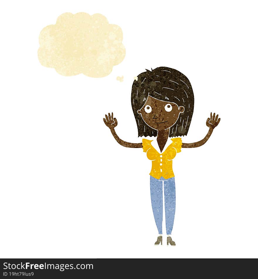 cartoon woman holding up hands with thought bubble