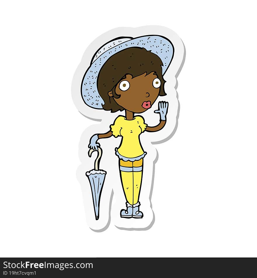 sticker of a cartoon woman in summer hat waving