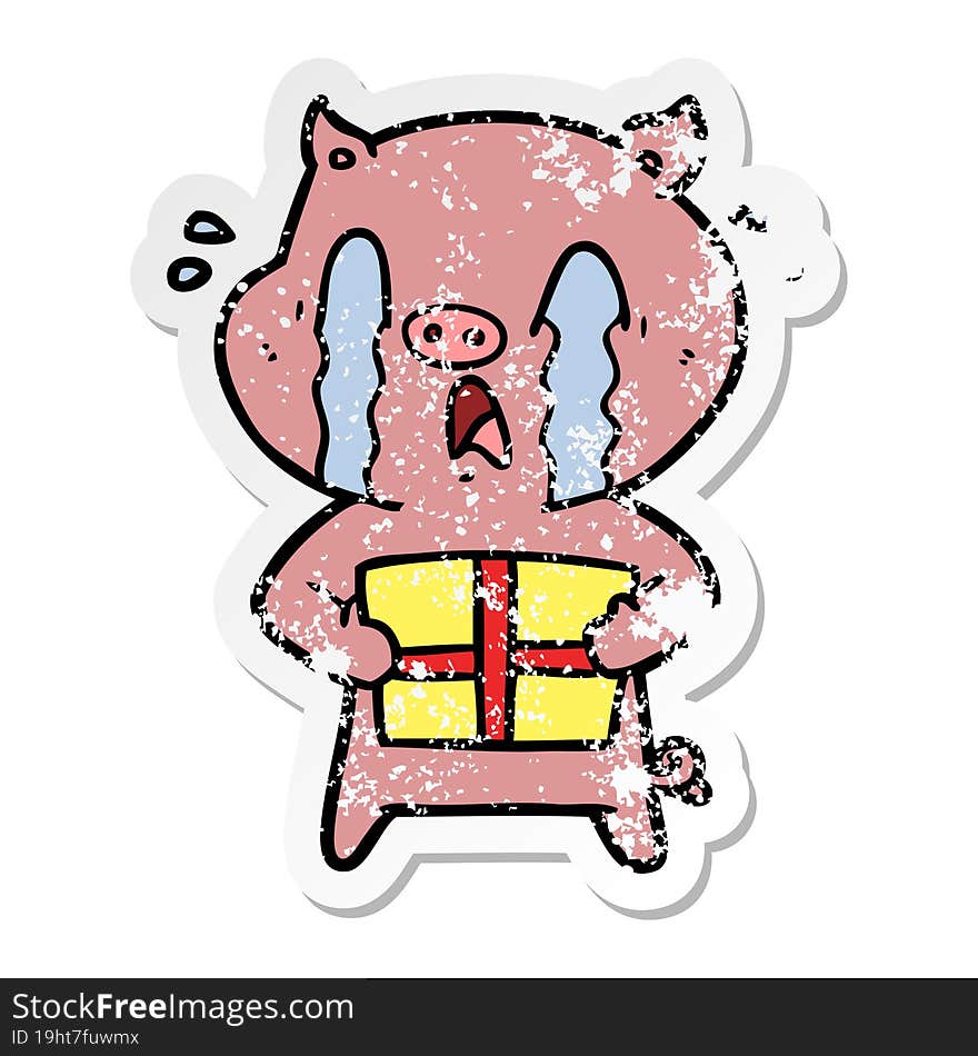 distressed sticker of a crying pig cartoon delivering christmas present