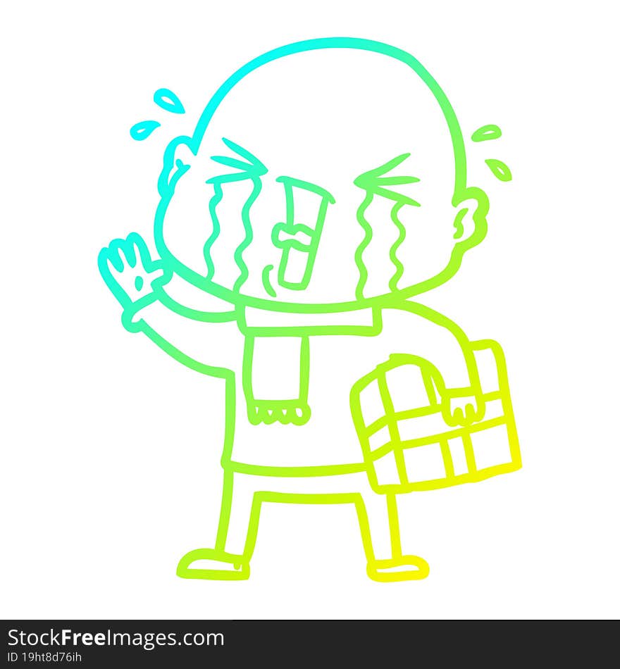 Cold Gradient Line Drawing Cartoon Crying Bald Man