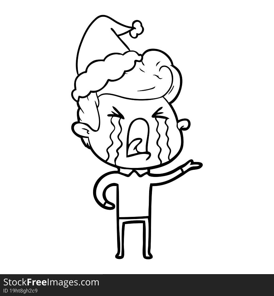 line drawing of a crying man wearing santa hat