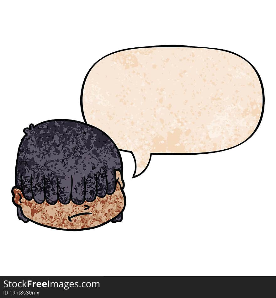 cartoon face with hair over eyes with speech bubble in retro texture style. cartoon face with hair over eyes with speech bubble in retro texture style