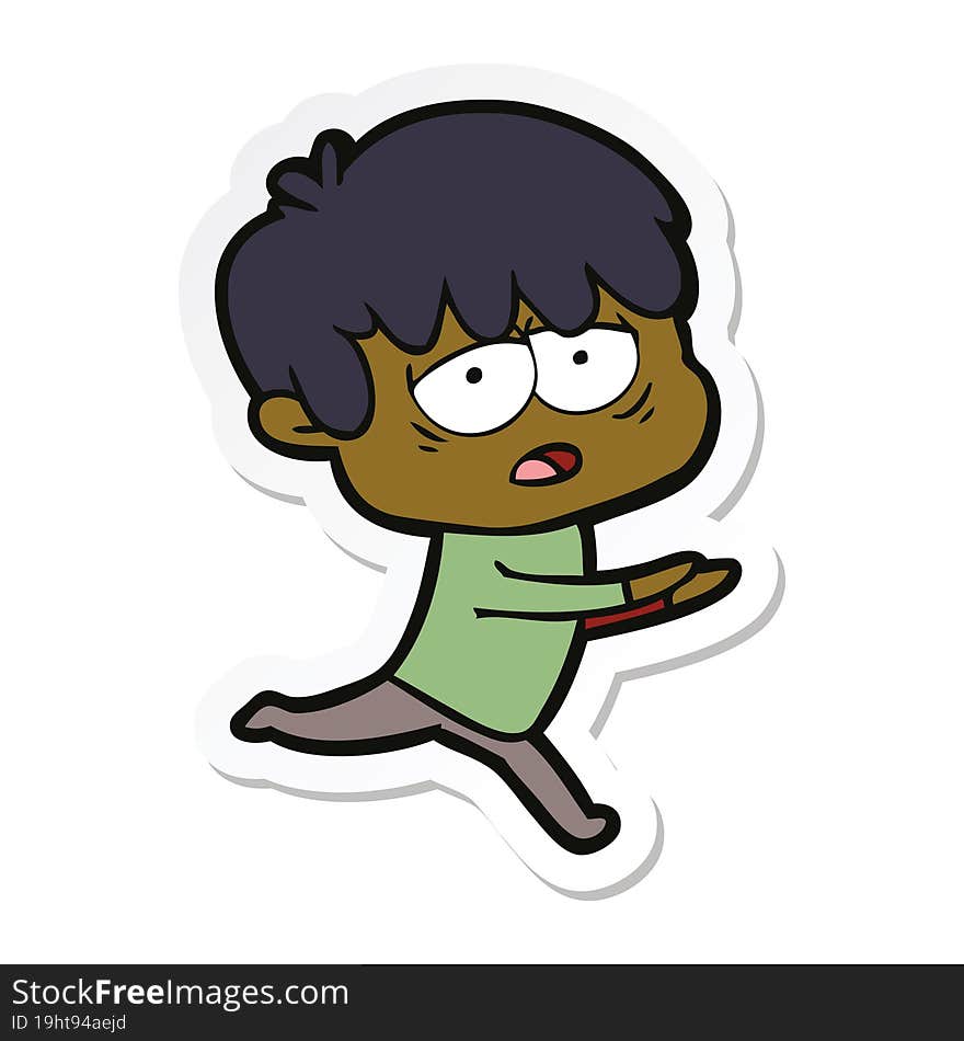 Sticker Of A Cartoon Exhausted Boy