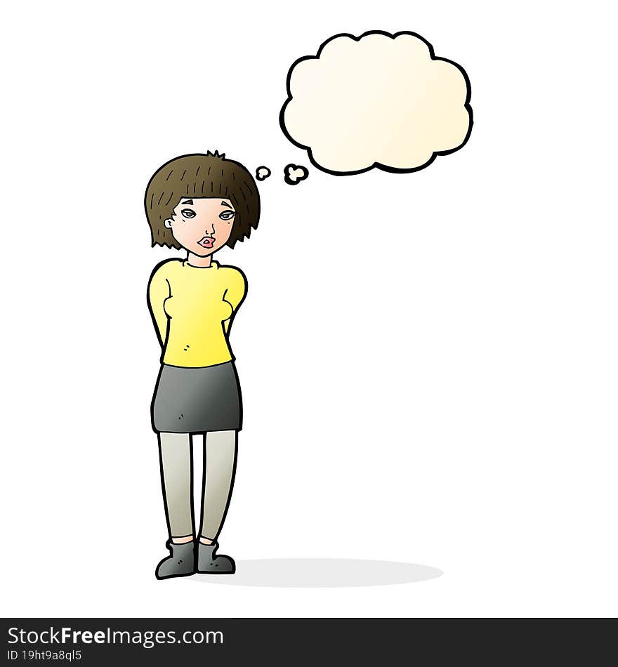 cartoon shy woman with thought bubble