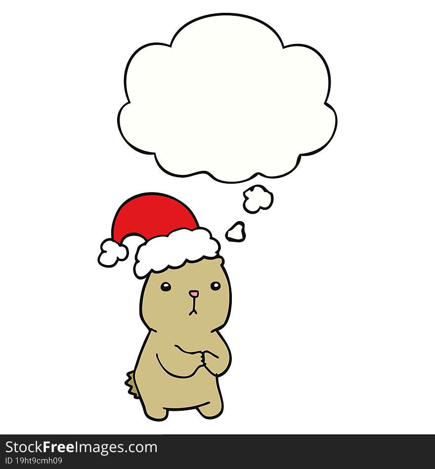 cartoon christmas bear worrying with thought bubble