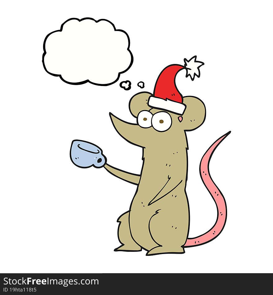 freehand drawn thought bubble cartoon mouse wearing christmas hat