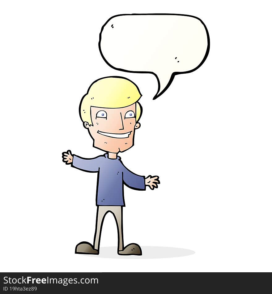 cartoon grinning man with speech bubble