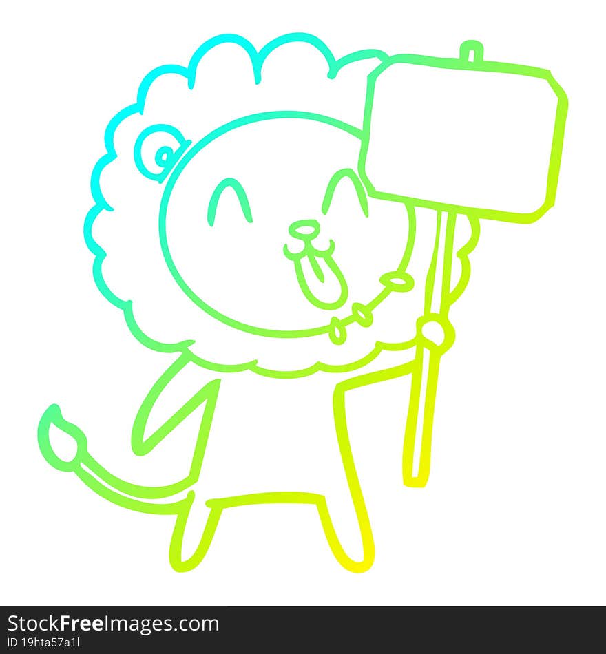 cold gradient line drawing of a happy cartoon lion