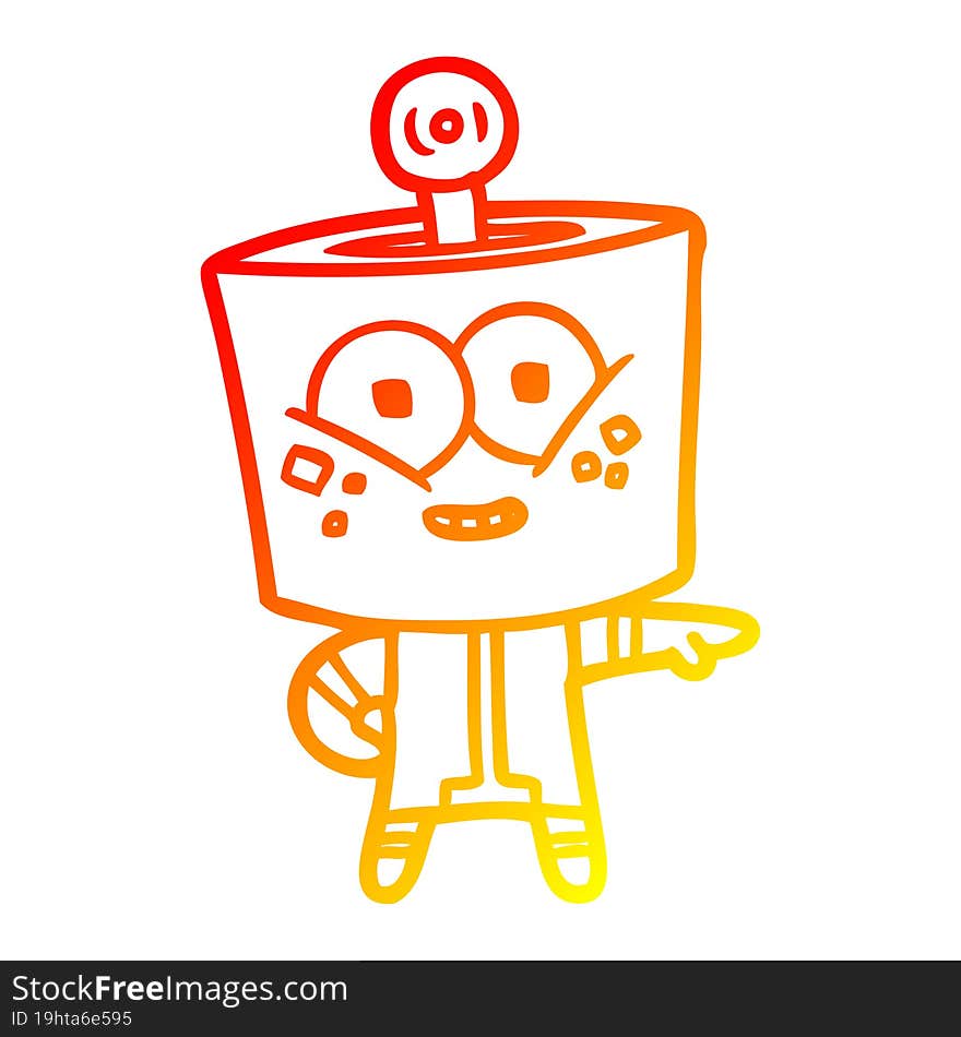 warm gradient line drawing of a happy cartoon robot pointing