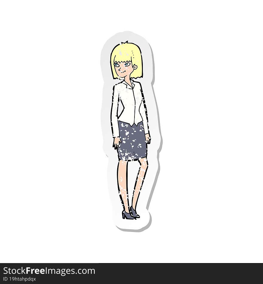 retro distressed sticker of a cartoon pretty businesswoman