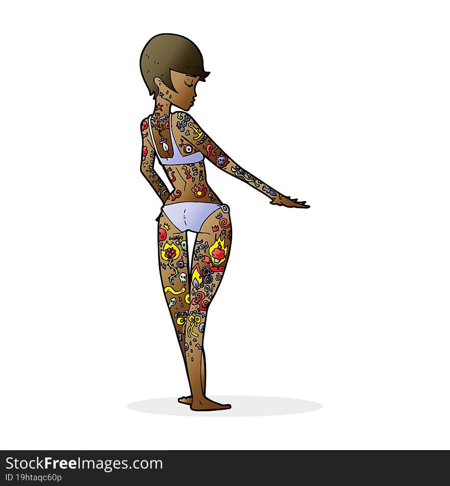 cartoon bikini girl covered in tattoos