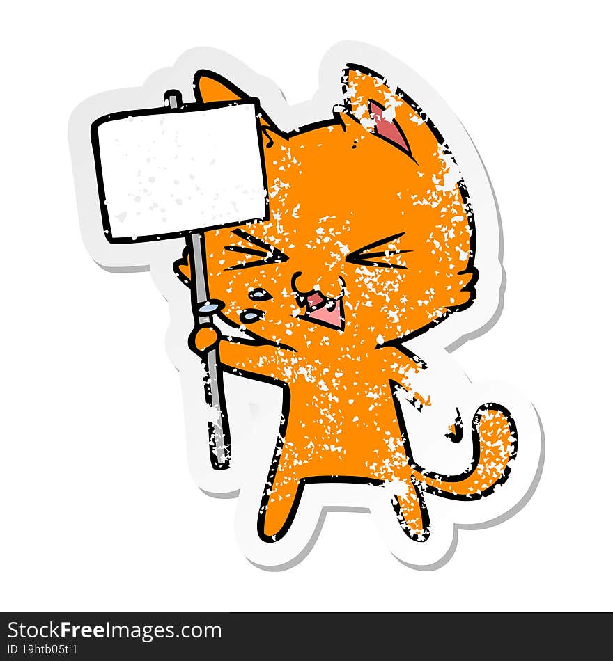 distressed sticker of a cartoon cat protesting