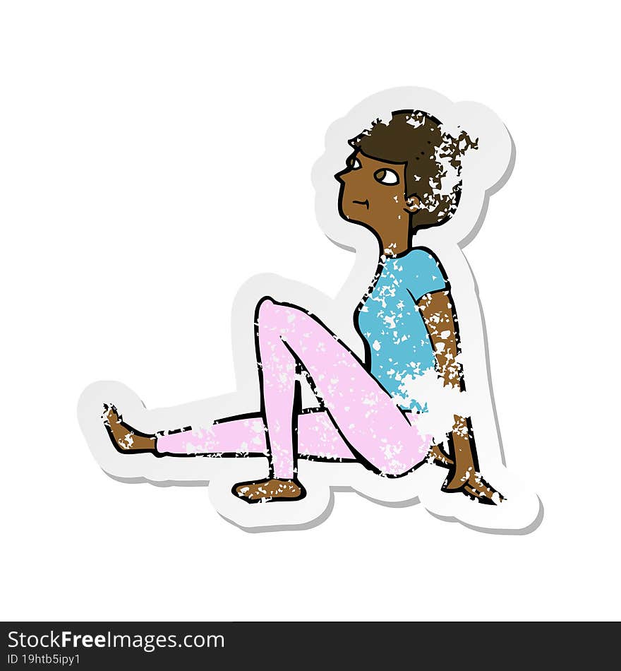 retro distressed sticker of a cartoon woman sitting