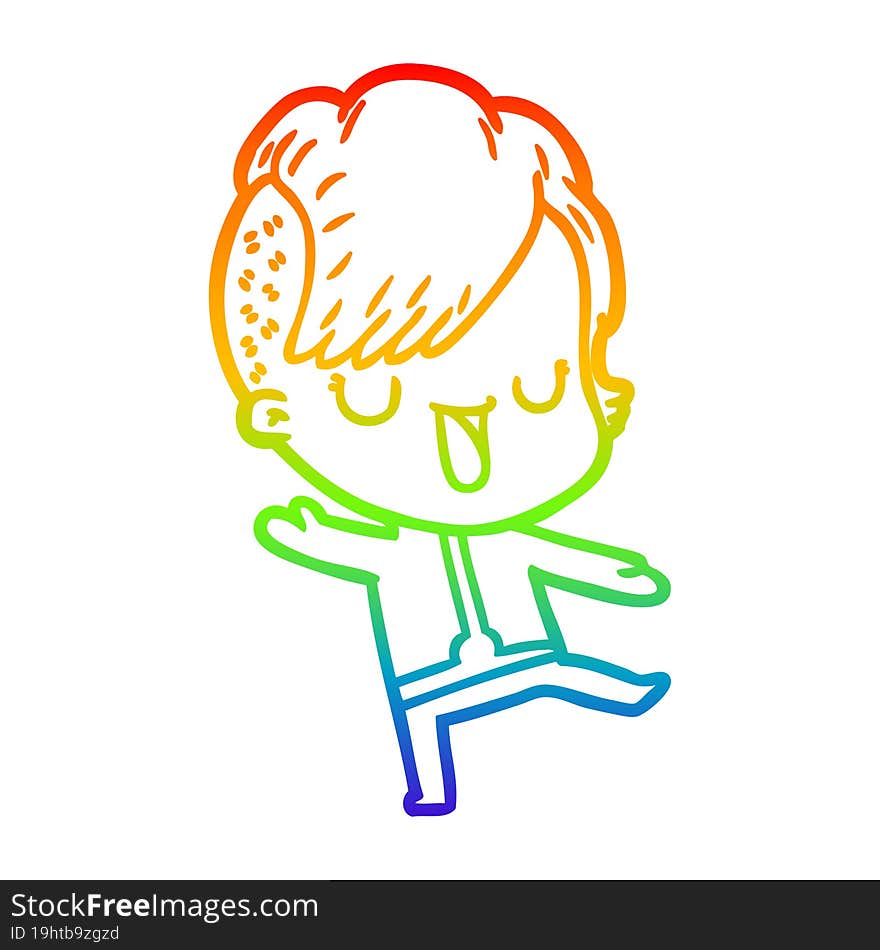 Rainbow Gradient Line Drawing Cute Cartoon Girl With Hipster Haircut