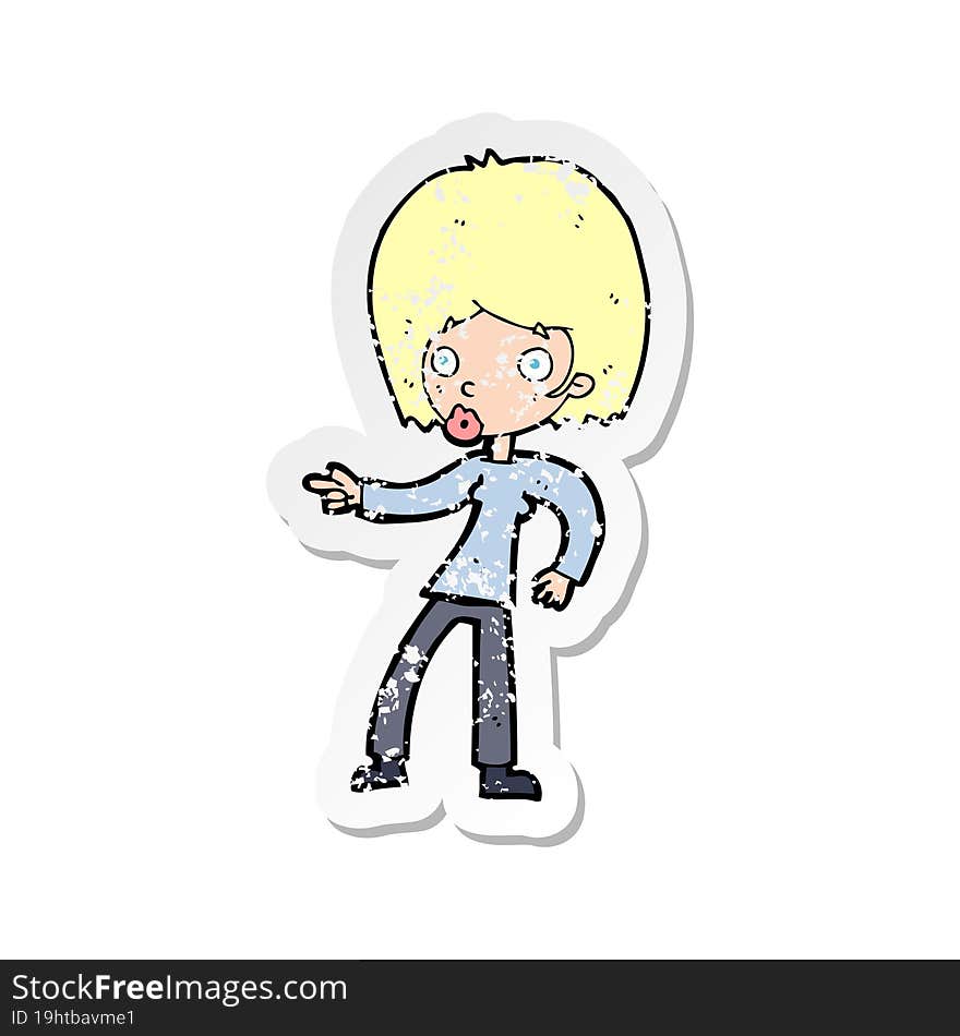 retro distressed sticker of a cartoon woman pointing