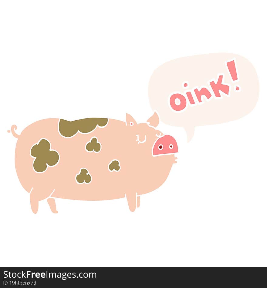 cartoon oinking pig and speech bubble in retro style