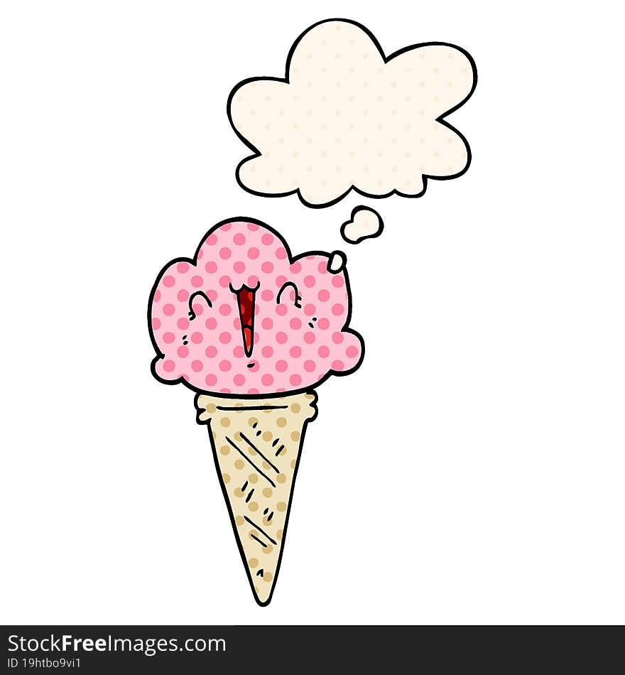 cartoon ice cream with face and thought bubble in comic book style