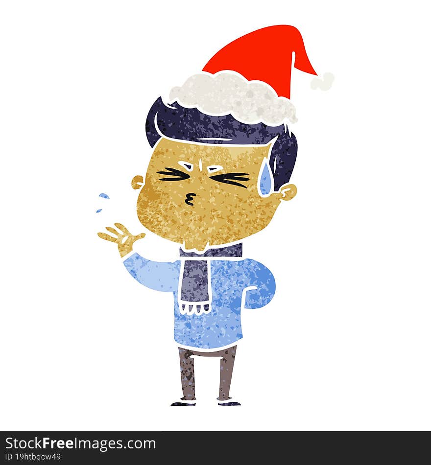 retro cartoon of a man sweating wearing santa hat