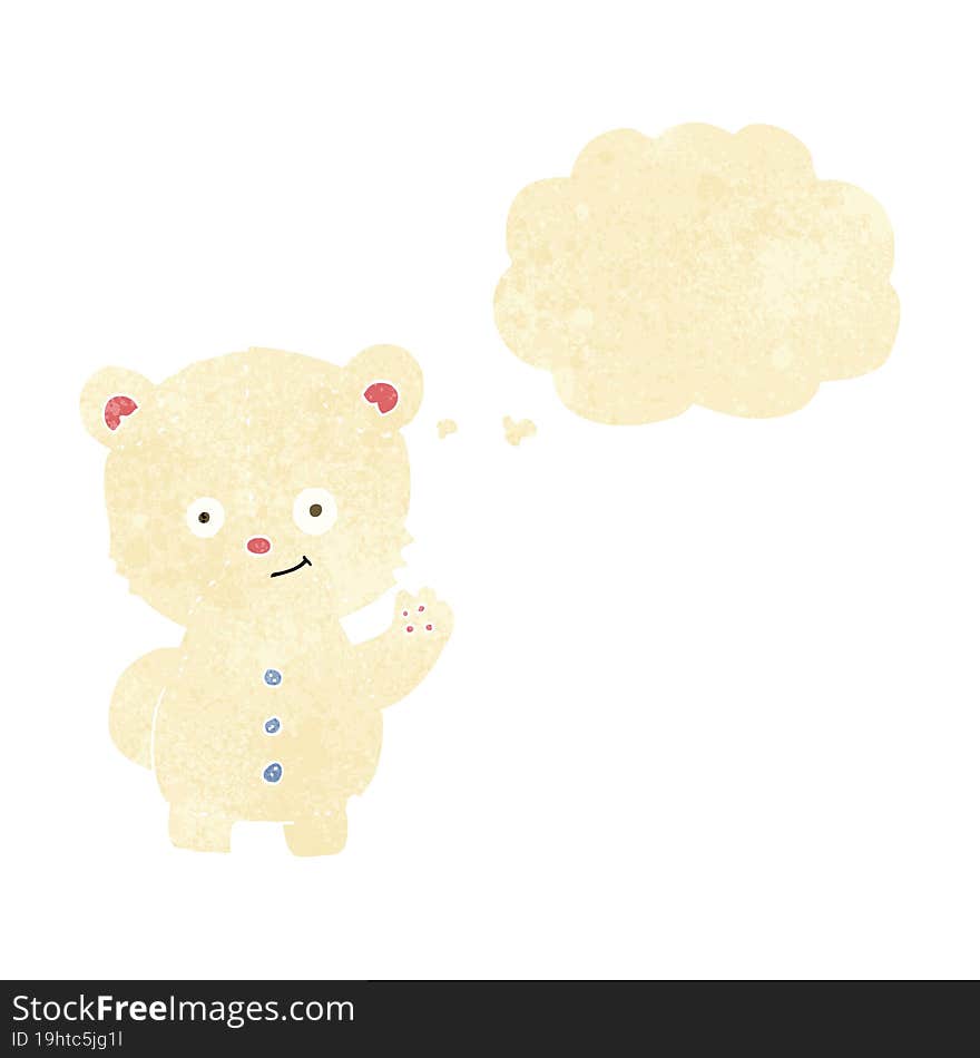 cartoon waving polar bear cub with thought bubble