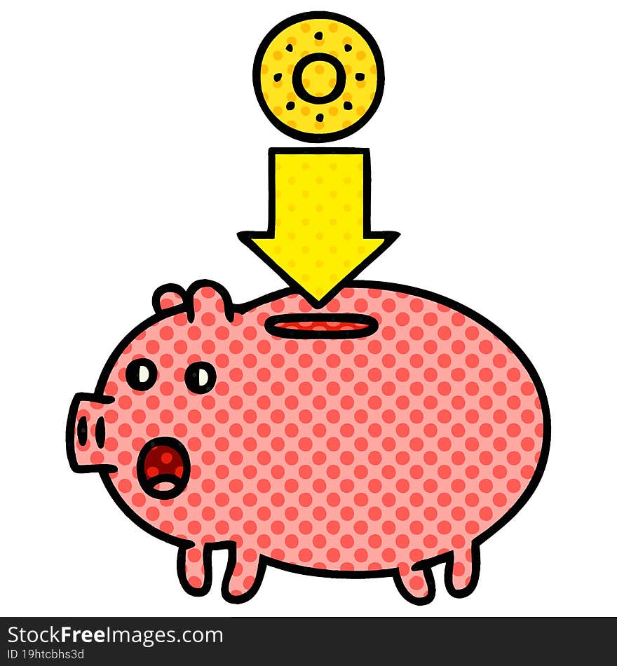 comic book style cartoon of a piggy bank