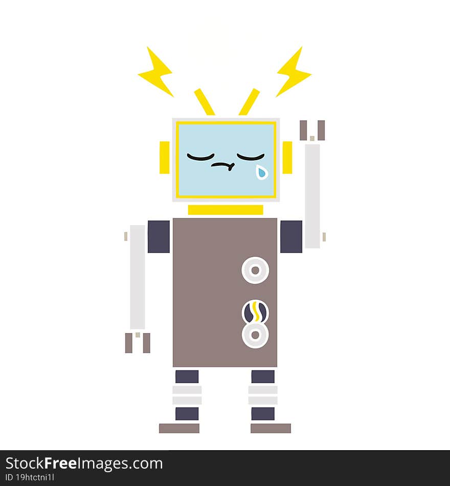 flat color retro cartoon of a crying robot