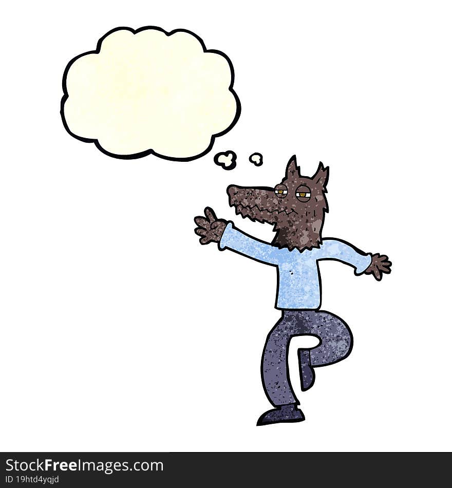 cartoon happy wolf man with thought bubble