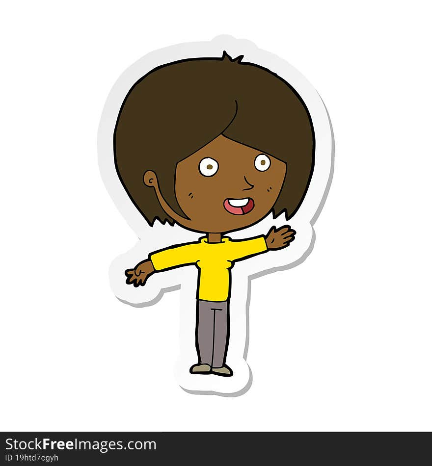 sticker of a cartoon happy girl waving