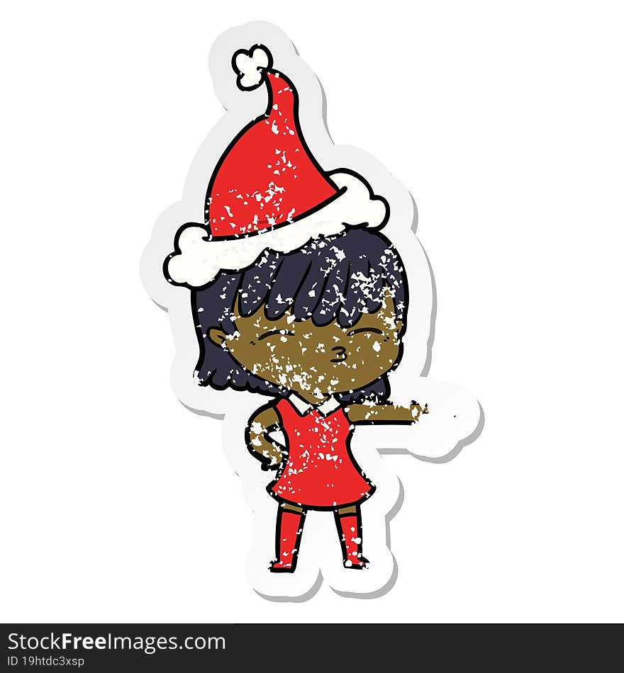 hand drawn distressed sticker cartoon of a woman wearing santa hat