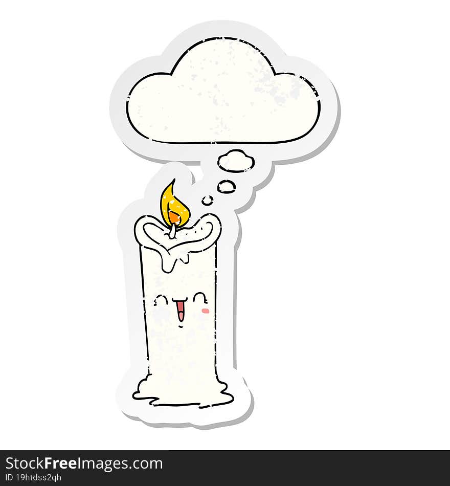 cartoon happy candle and thought bubble as a distressed worn sticker