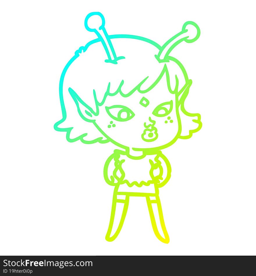 cold gradient line drawing pretty cartoon alien girl