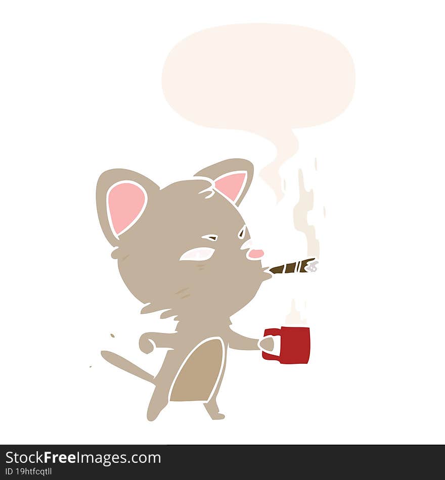 Cartoon Serious Business Cat And Coffee And Cigar And Speech Bubble In Retro Style