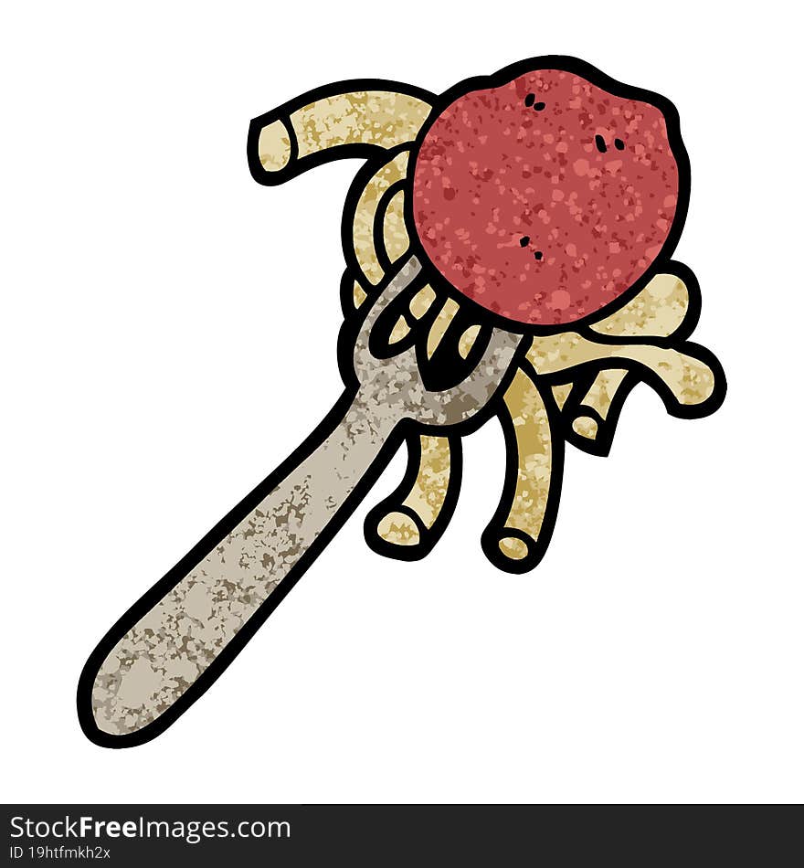 grunge textured illustration cartoon spaghetti and meatballs on fork