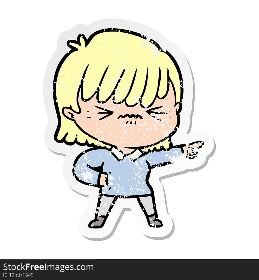 distressed sticker of a annoyed cartoon girl pointing