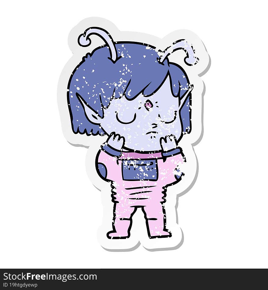 Distressed Sticker Of A Cartoon Alien Girl