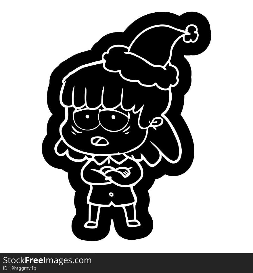 cartoon icon of a tired woman wearing santa hat