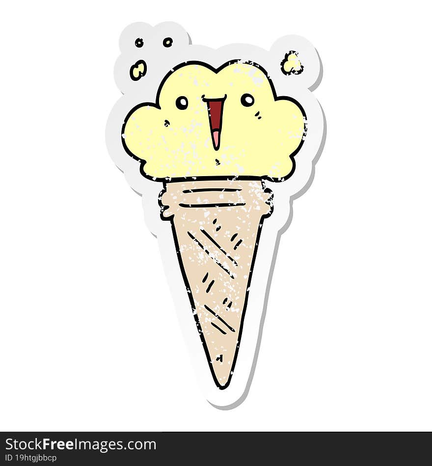 Distressed Sticker Of A Cartoon Ice Cream With Face