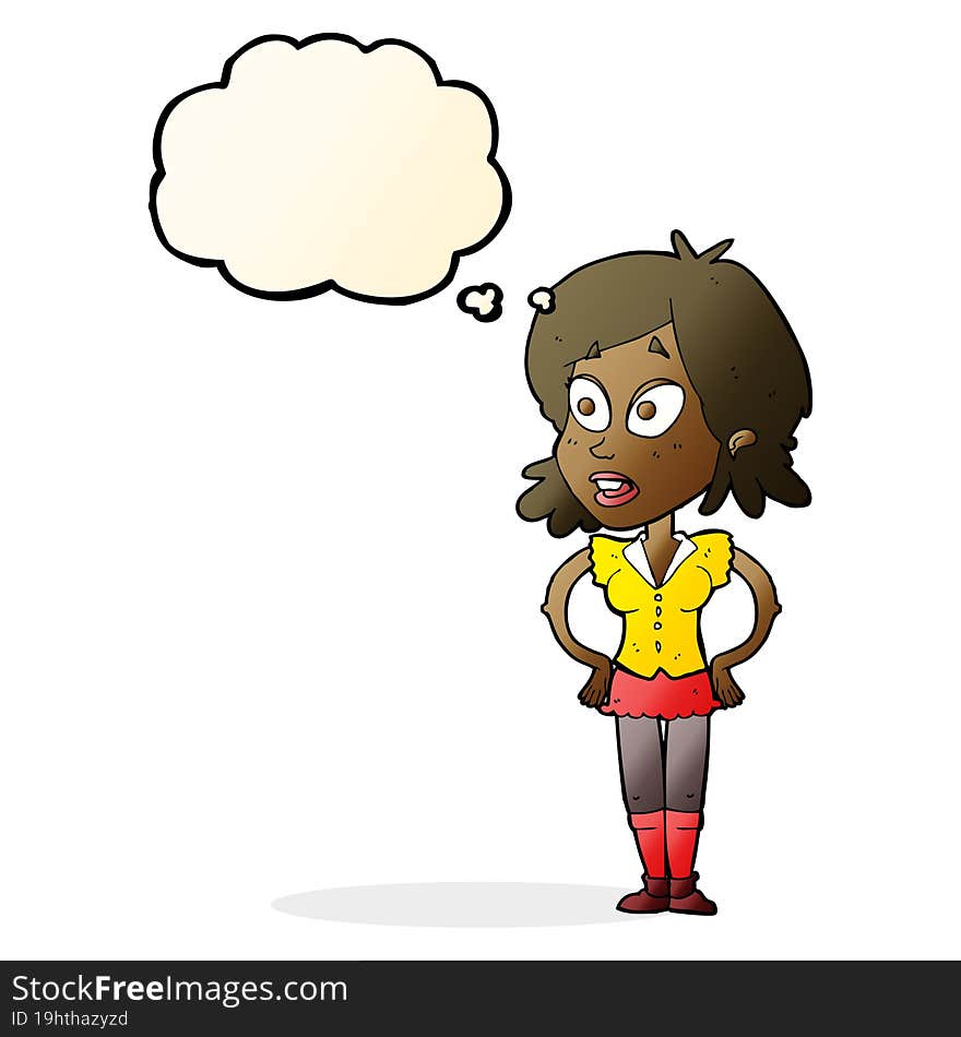 cartoon woman with hands on hips with thought bubble