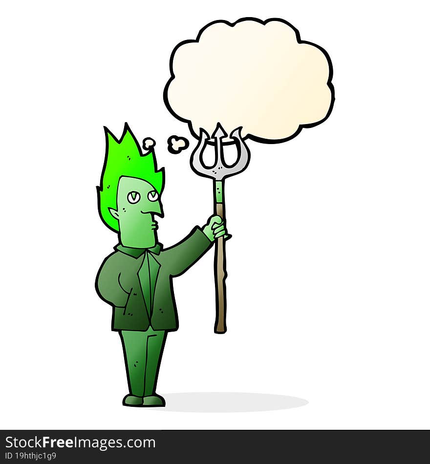 cartoon devil with pitchfork with thought bubble