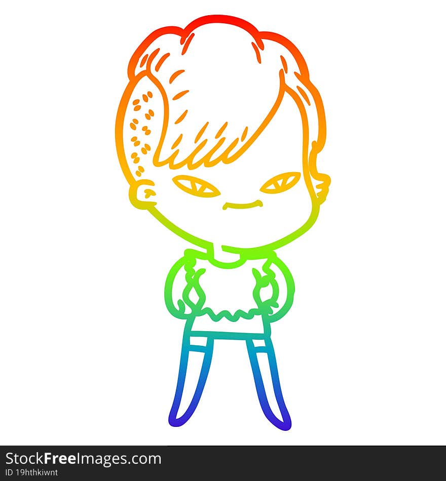 rainbow gradient line drawing of a cute cartoon girl with hipster haircut