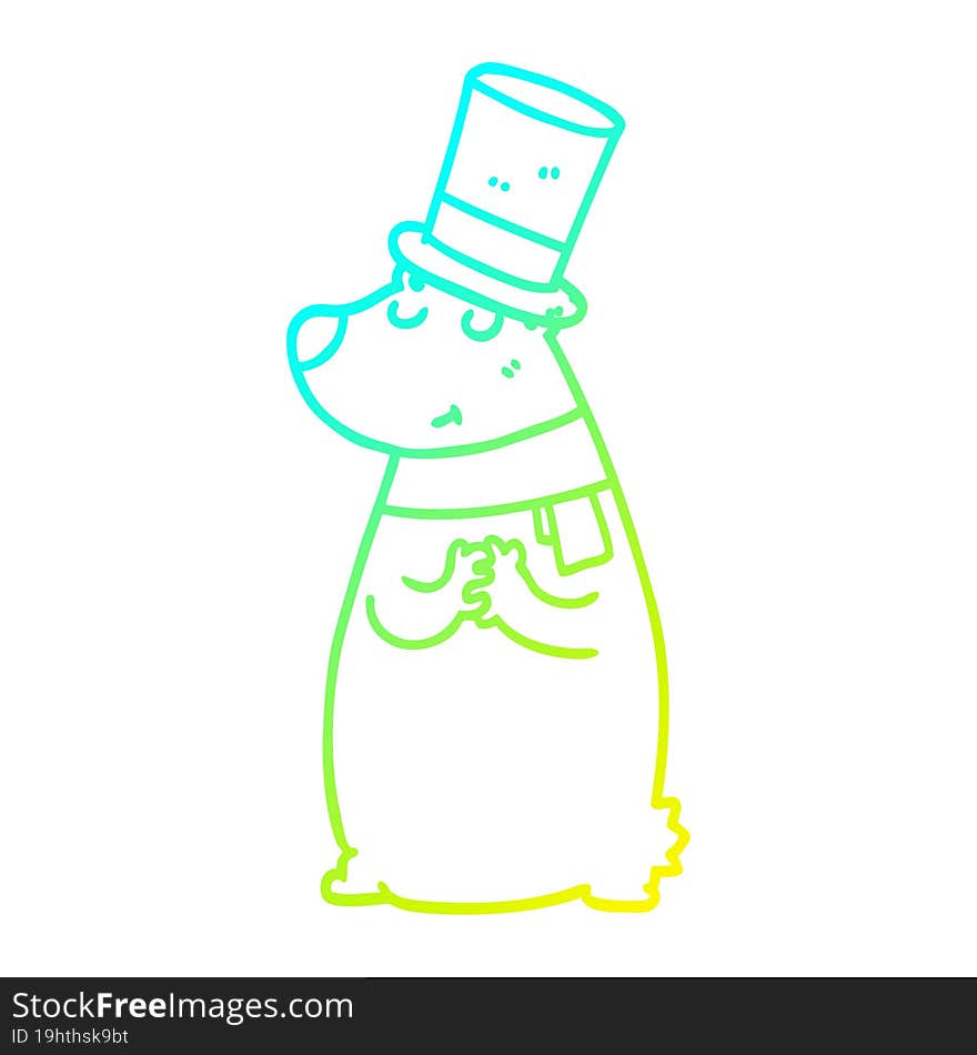 cold gradient line drawing of a cartoon bear in top hat