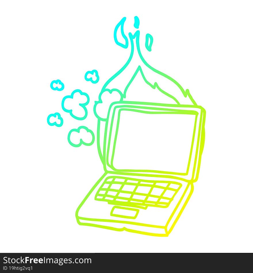 cold gradient line drawing of a cartoon broken laptop computer