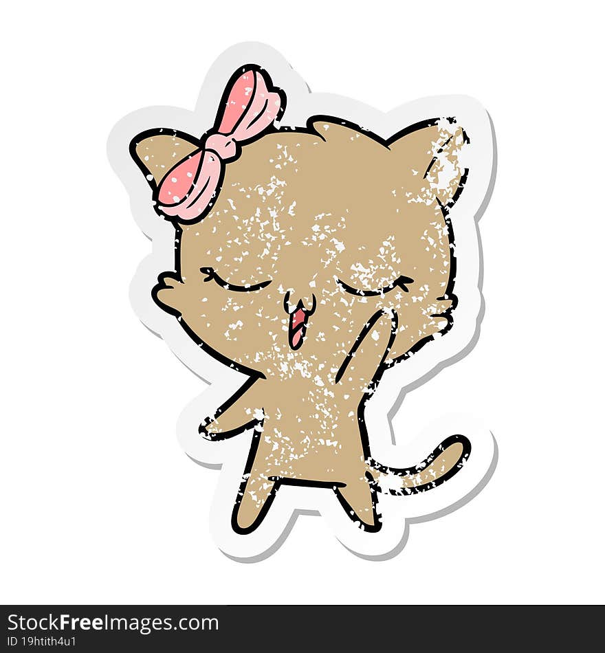 distressed sticker of a cartoon cat with bow on head waving