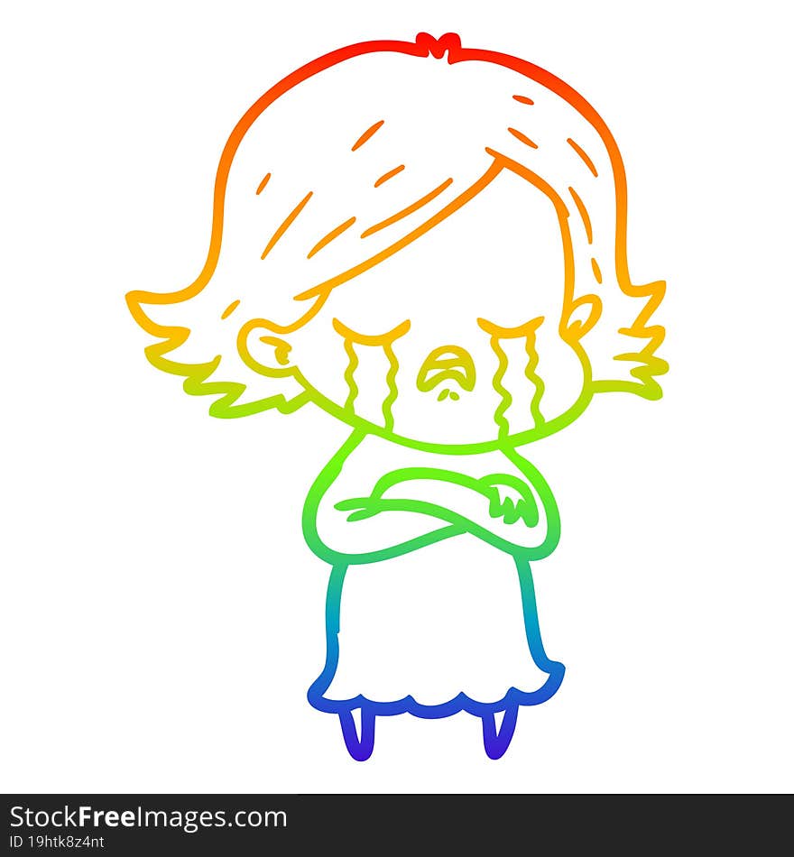 rainbow gradient line drawing of a cartoon girl crying